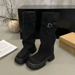 Vintage Chunky Heel Women Knee High Boots Autumn Winter Slip On Female Shoes Slim Fit Thick Bottom Motorcycle Booties