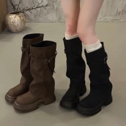 Vintage Chunky Heel Women Knee High Boots Autumn Winter Slip On Female Shoes Slim Fit Thick Bottom Motorcycle Booties