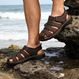 BUBUK Men's Leather Sports Sandals, Outdoor Beach Shoes, Adjustable Velcro, Suitable for Hiking, Travel, Work
