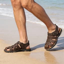 BUBUK Men's Leather Sports Sandals, Outdoor Beach Shoes, Adjustable Velcro, Suitable for Hiking, Travel, Work