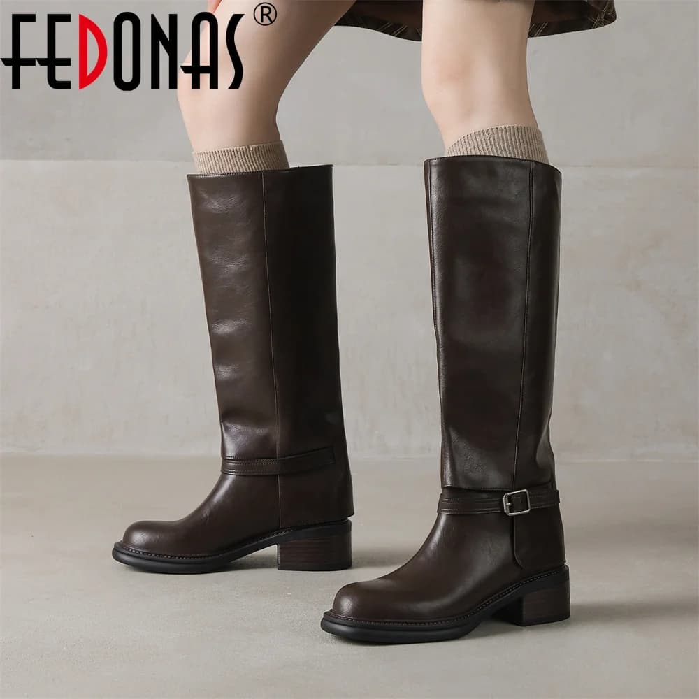 FEDONAS Women Genuine Leather Knee High Boots Thick Heels Long Motorcycle Boots Quality Warm High Knight Boots Shoes
