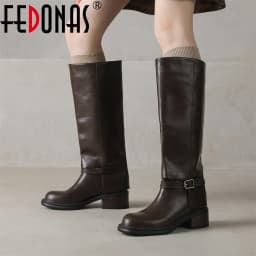 FEDONAS Women Genuine Leather Knee High Boots Thick Heels Long Motorcycle Boots Quality Warm High Knight Boots Shoes