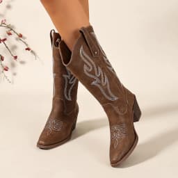 Women's Boots, Retro Brown Western Cowboy Boots, Matte Pointed Toe, Chunky Heel, Long Boots, Everyday Wear, Stylish Boots