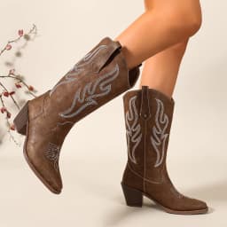 Women's Boots, Retro Brown Western Cowboy Boots, Matte Pointed Toe, Chunky Heel, Long Boots, Everyday Wear, Stylish Boots