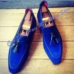 Men Royal Blue Suede Tassel Loafers Shoes Square Pointed Toe Slip‑On Formal Wedding Party Dress Footwear 2026 Zapatillas Mujer