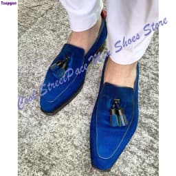Men Royal Blue Suede Tassel Loafers Shoes Square Pointed Toe Slip‑On Formal Wedding Party Dress Footwear 2026 Zapatillas Mujer