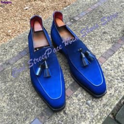 Men Royal Blue Suede Tassel Loafers Shoes Square Pointed Toe Slip‑On Formal Wedding Party Dress Footwear 2026 Zapatillas Mujer