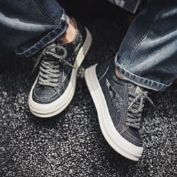 MADEN Black Denim Skate Sneakers Men Japanese Vintage Chunky Thick Sole Height Increasing City Boy Loose Casual Mens Shoes