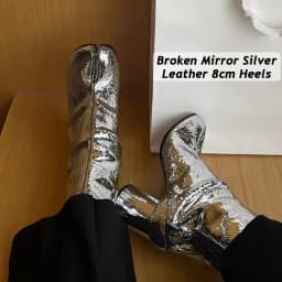 Luxury Brand Designer Genuine Leaher Tabi Shoes Broken Mirror Silver Chunky Heels Booties Split Toe Ankle Boos for Women