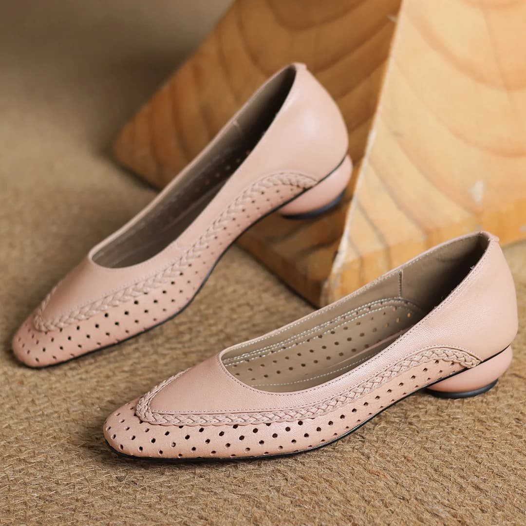 Plus size 34-41 women's hollow-out sheepskin round toe slip-on pumps 3cm thick low heel elegant ladies summer breathable shoes