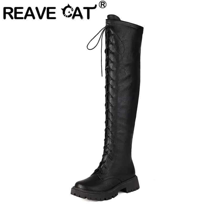 REAVE CAT 2025 Retro Thigh Boots Round Toe Chunky Heels 4.5cm Platform Zip Lace Up Extended Size 41 42 43 Daily Knee High