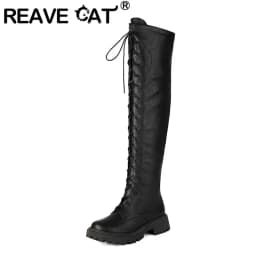 REAVE CAT 2025 Retro Thigh Boots Round Toe Chunky Heels 4.5cm Platform Zip Lace Up Extended Size 41 42 43 Daily Knee High