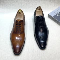 Men's Italian Style Luxury Genuine Leather Derby Shoes Pointed Toe Handmade Formal Oxford Lace-up Brogues