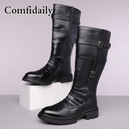 Hot selling high-quality plus size men long boots pleated non slip buckle fashionable and avant-garde motorcycle boots