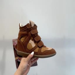 Beige Color Block Hidden Wedge Heel High Top Sneakers, Multi Velcro Straps Patchwork Suede Casual Platform Ankle Boots For Women