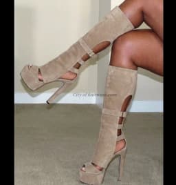 Sexy apricot suede platform summer knee high boots women's big ize black hollow out high heels sandal boot designer hot shoes