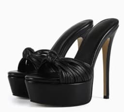 Size 47 Black Matte Leather Bow Knot Open Toe Platform High Heel Mules Shallow Slip on Stiletto Thin Heels Modern Slippers Shoes