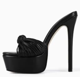 Size 47 Black Matte Leather Bow Knot Open Toe Platform High Heel Mules Shallow Slip on Stiletto Thin Heels Modern Slippers Shoes