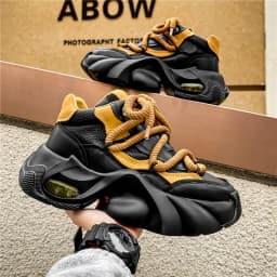 Men High Top Chunky Dad Sneakers Thick Wave Air Cushion Midsole Thick Rope Laces Leather Platform Street Fashion Casual Shoes