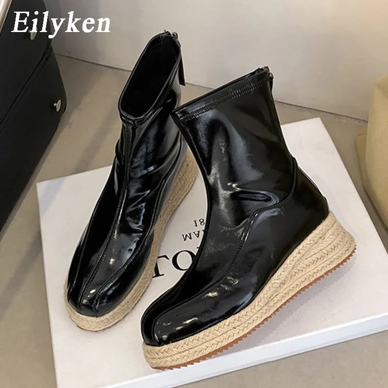 Eilyken Spring Autumn Platform Round Toe Women Ankle Boots Designer Sewing Twine Weaving Thick Bottom Zipper Shoes