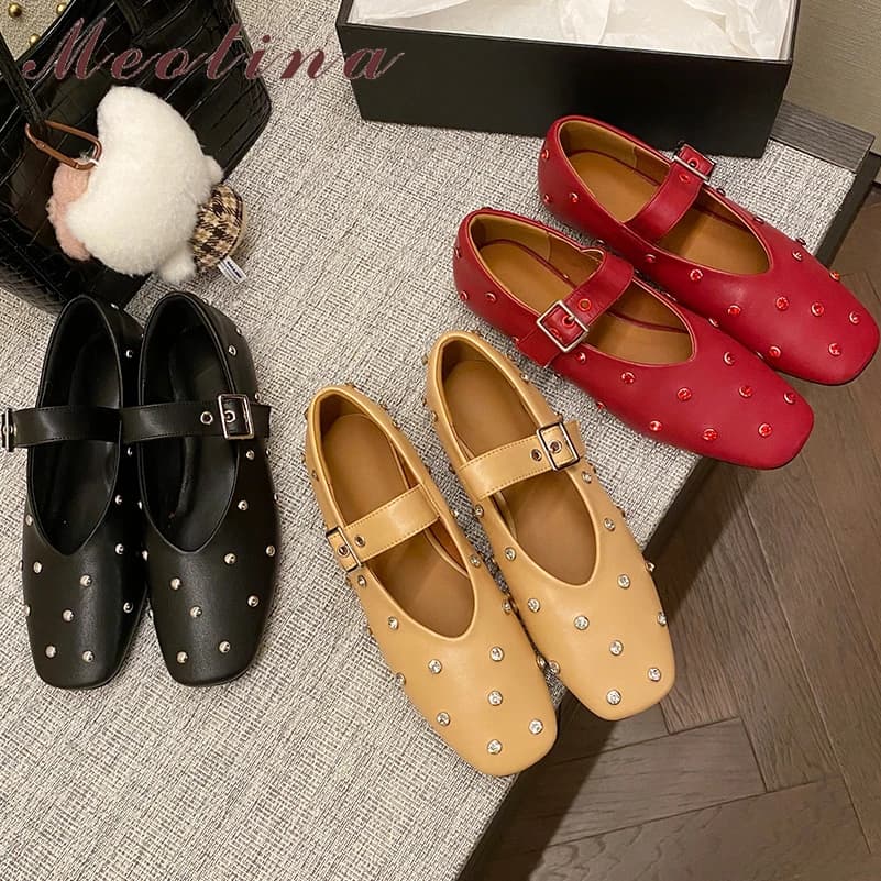 Meotina Women Genuine Leather Mary Janes Round Toe Flats Buckle Crystal Concise Glove Shoes Ladies Fashion Shoes Spring Autumn
