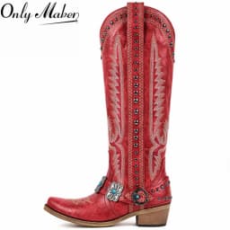 Onlymaker Cowboy Boots for Women Knee High Western Cowgirl Boots with Embroidery Belt Buckle Chains Zipper Chunky Heel Boots