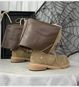 ZAROY Strap Lace Up Knee High Boots Women Autumn Winter Wide Calf Fold Ankle Boots Chunky Low Heel Patchwork Riding Booties