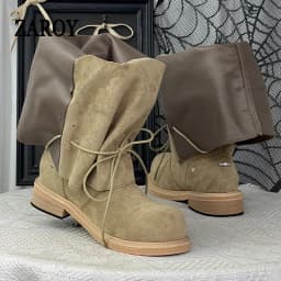 ZAROY Strap Lace Up Knee High Boots Women Autumn Winter Wide Calf Fold Ankle Boots Chunky Low Heel Patchwork Riding Booties