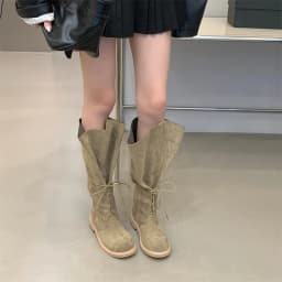 ZAROY Strap Lace Up Knee High Boots Women Autumn Winter Wide Calf Fold Ankle Boots Chunky Low Heel Patchwork Riding Booties