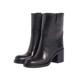 Arden Furtado Women's Spring Cowhide Ankle Boots Black Round Toe Pull-On Chunky Heels Modern Large Size Simple Style