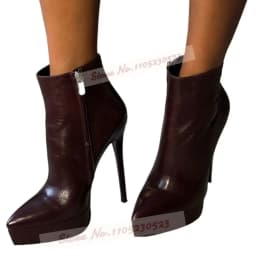 Burgundy Nude Matte Platform Ankle Boots Stiletto Heels Pointed Toe Short Booties Zipped Outside Motorcycle Boots Elegant Shoes