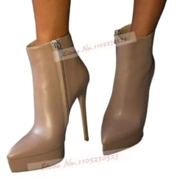 Burgundy Nude Matte Platform Ankle Boots Stiletto Heels Pointed Toe Short Booties Zipped Outside Motorcycle Boots Elegant Shoes