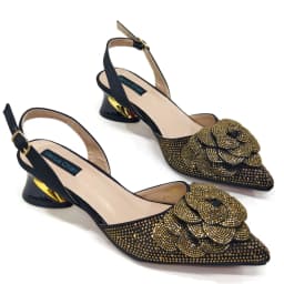 Venus Chan Shoes for Women Pointed-Toe Large Flower Decoration Rhinestone Low Heel Italian Design Black Color Shoes and Bags Set
