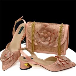 Venus Chan Shoes for Women Pointed-Toe Large Flower Decoration Rhinestone Low Heel Italian Design Black Color Shoes and Bags Set