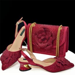 Venus Chan Shoes for Women Pointed-Toe Large Flower Decoration Rhinestone Low Heel Italian Design Black Color Shoes and Bags Set
