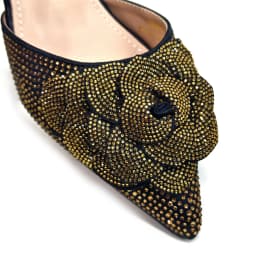 Venus Chan Shoes for Women Pointed-Toe Large Flower Decoration Rhinestone Low Heel Italian Design Black Color Shoes and Bags Set