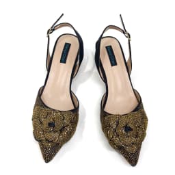 Venus Chan Shoes for Women Pointed-Toe Large Flower Decoration Rhinestone Low Heel Italian Design Black Color Shoes and Bags Set