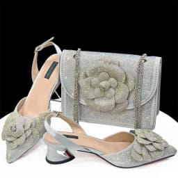 Venus Chan Shoes for Women Pointed-Toe Large Flower Decoration Rhinestone Low Heel Italian Design Black Color Shoes and Bags Set