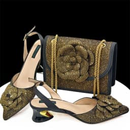 Venus Chan Shoes for Women Pointed-Toe Large Flower Decoration Rhinestone Low Heel Italian Design Black Color Shoes and Bags Set