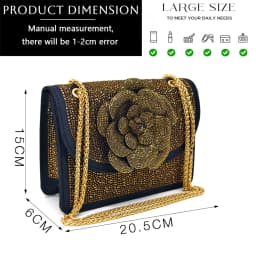 Venus Chan Shoes for Women Pointed-Toe Large Flower Decoration Rhinestone Low Heel Italian Design Black Color Shoes and Bags Set