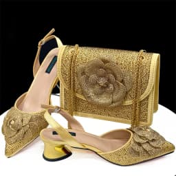 Venus Chan Shoes for Women Pointed-Toe Large Flower Decoration Rhinestone Low Heel Italian Design Black Color Shoes and Bags Set