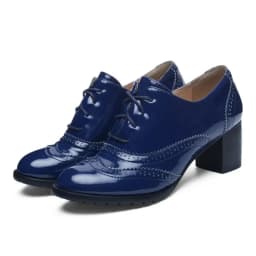 Big Size 43 Women Oxfords Retro High Thick Heels Brogues Blue Red Black Round Toe Party Dress Office Lady British Lace Up Shoes