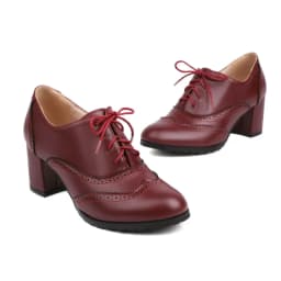 Big Size 43 Women Oxfords Retro High Thick Heels Brogues Blue Red Black Round Toe Party Dress Office Lady British Lace Up Shoes