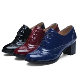 Big Size 43 Women Oxfords Retro High Thick Heels Brogues Blue Red Black Round Toe Party Dress Office Lady British Lace Up Shoes