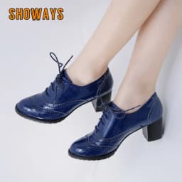 Big Size 43 Women Oxfords Retro High Thick Heels Brogues Blue Red Black Round Toe Party Dress Office Lady British Lace Up Shoes