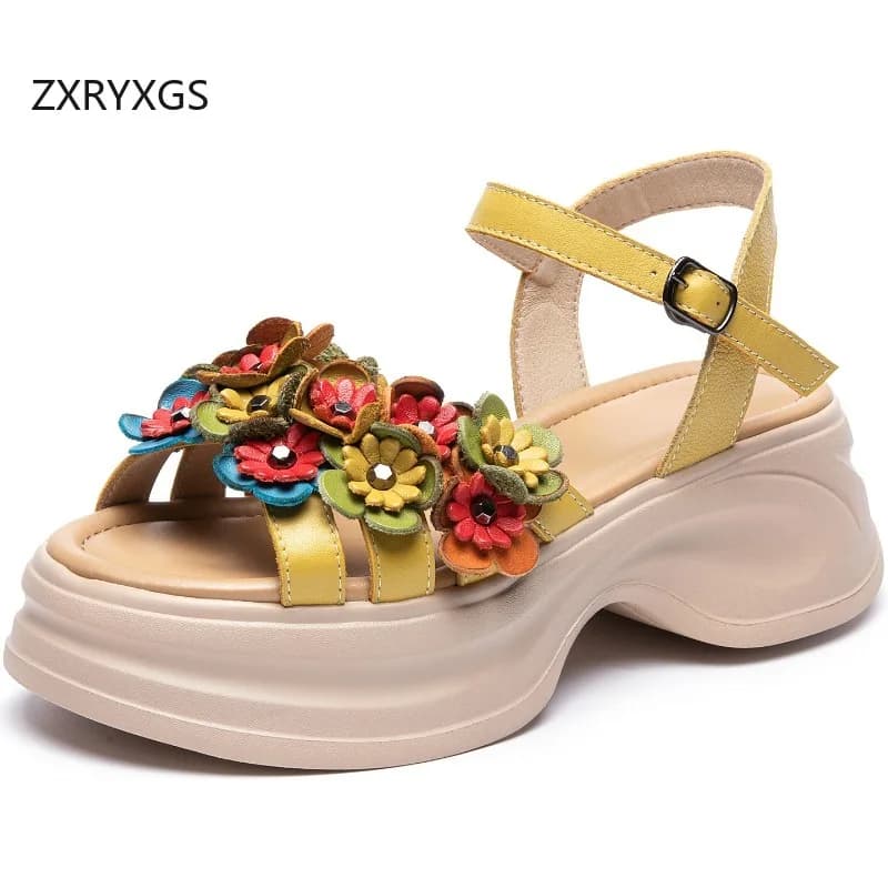 ZXRYXGS Bohemian Style Classic Flowers Sandals Fashionable Shoes Woman New 2026 Premium Real Leather Platform Increase Sandals