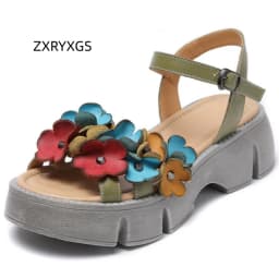 ZXRYXGS Bohemian Style Classic Flowers Sandals Fashionable Shoes Woman New 2026 Premium Real Leather Platform Increase Sandals
