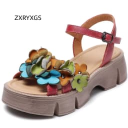 ZXRYXGS Bohemian Style Classic Flowers Sandals Fashionable Shoes Woman New 2026 Premium Real Leather Platform Increase Sandals