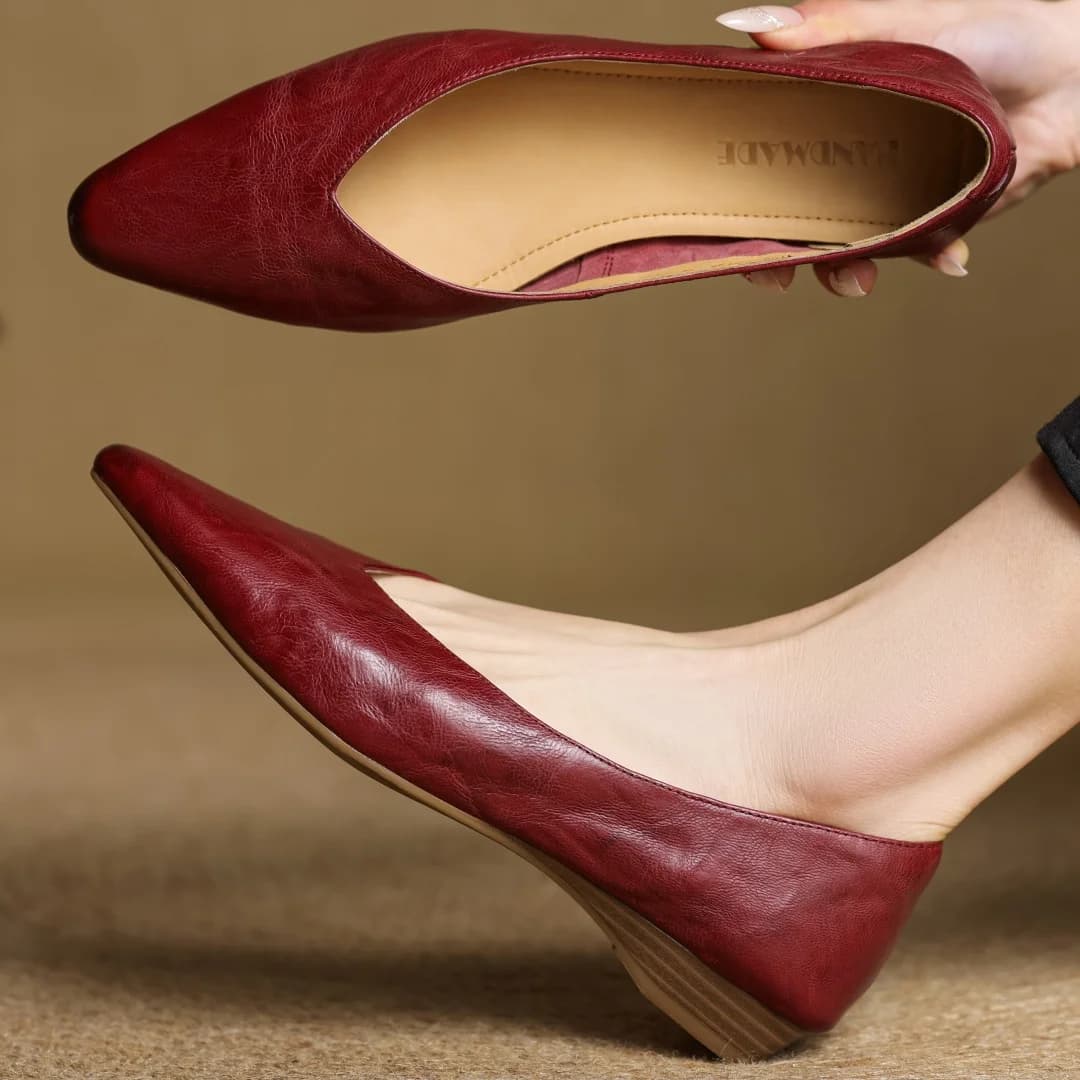 Women's sheepskin pointed toe slip-on flats elegant ladies high quality soft comfortable 2cm kitten heel slim daily dress shoes