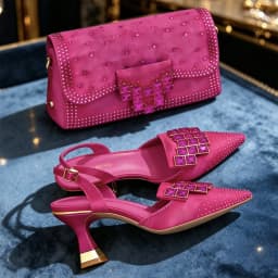 Elegant Women Rhinestone Pointed Toe Slingback Low Heel Party Wedding Shoes and Chain Bag Set Luxury Evening